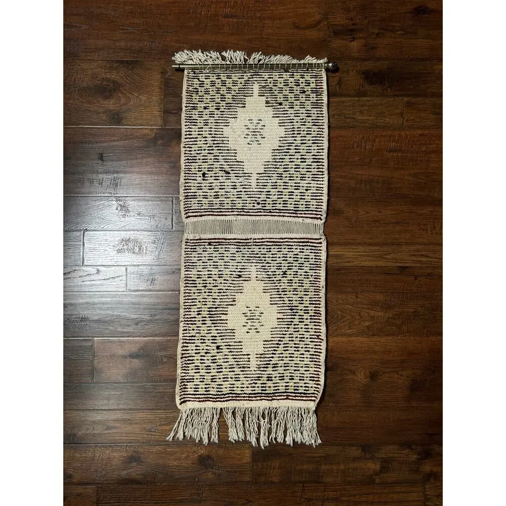 Vintage Wool Wall Hanging Crewel – Geometric Double Panel Tapestry with Fringe